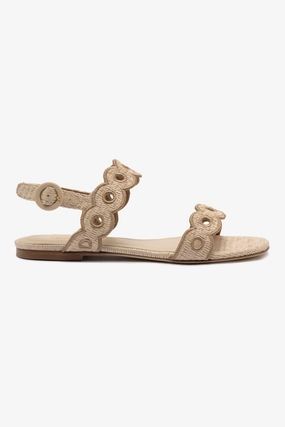 Florence Broderie Flat Sandal In Natural Raffia and Hazelnut Trimming Open Toe Footwear Anti microbial coating
