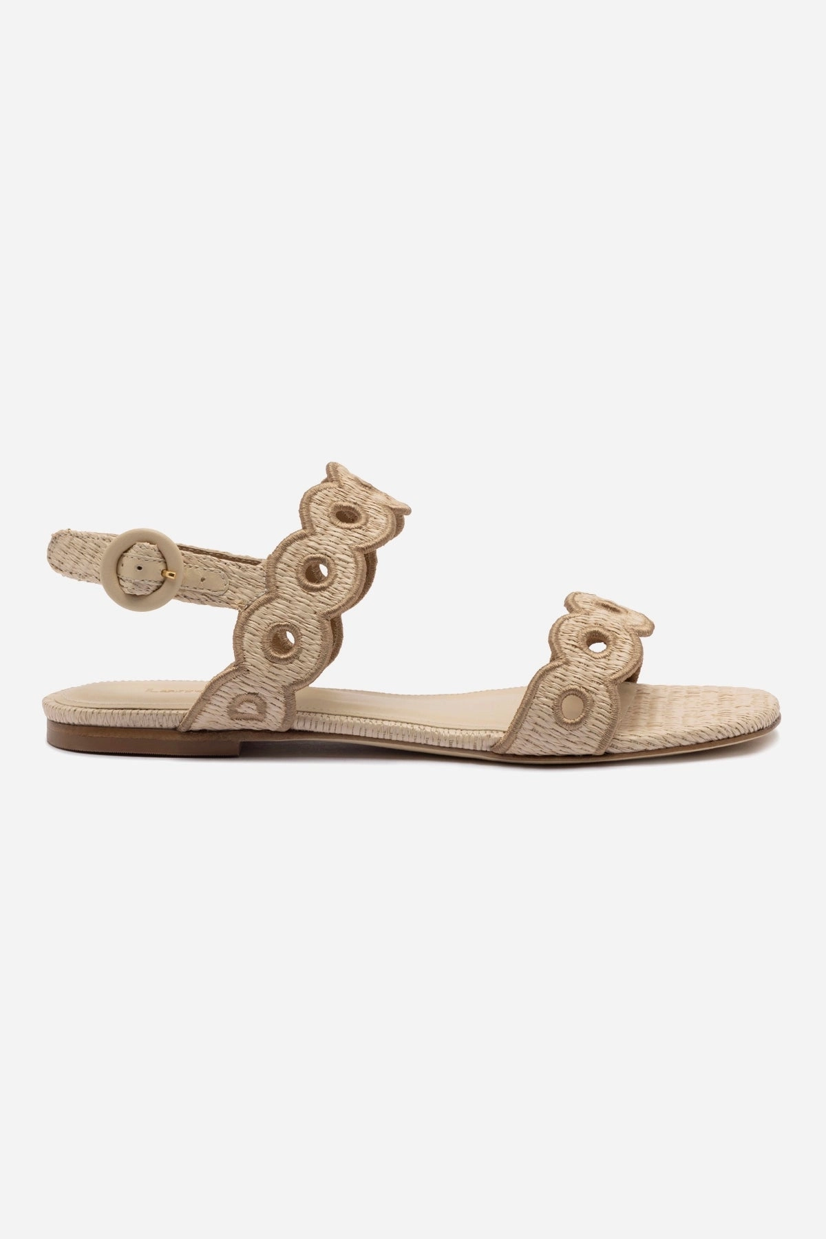 Lesson Glow Florence Broderie Flat Sandal In Natural Raffia and Hazelnut Trimming
