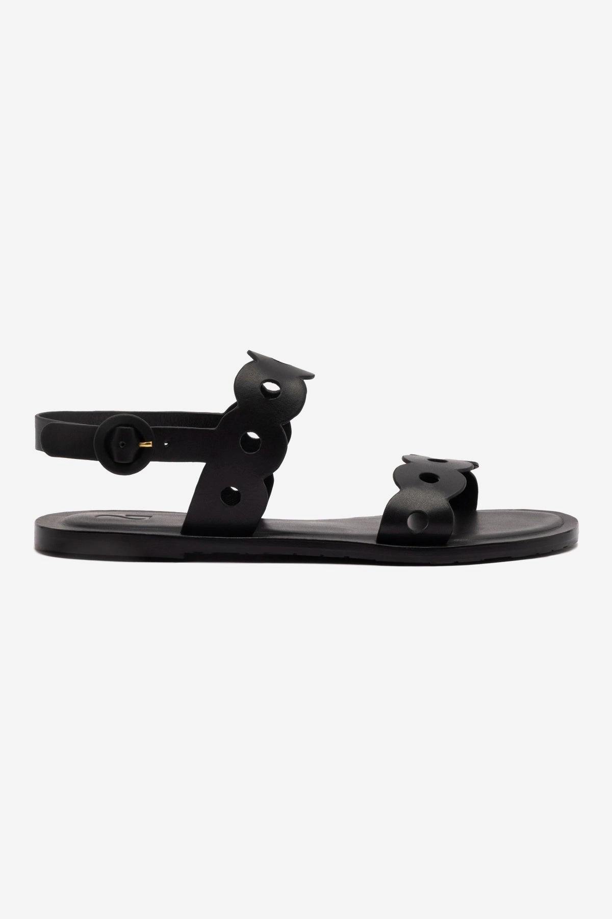 Florence Flat Sandal In Black Leather Metal Buckle