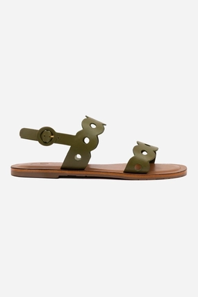 Florence Flat Sandal In Seaweed Leather Shell Trim Adjustable Strap System