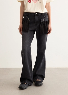 Adaptive Stretch Fabric Flower Lace Attached Bootcut Jeans