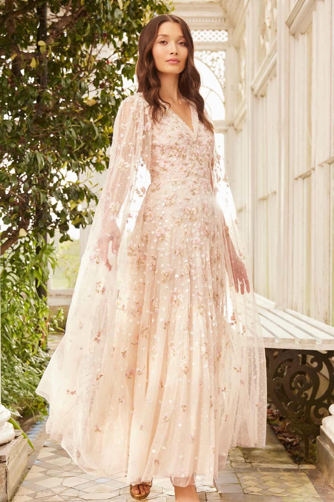 Quilted-Texture Sweetheart Cut Dahlia Ditsy Ankle Gown