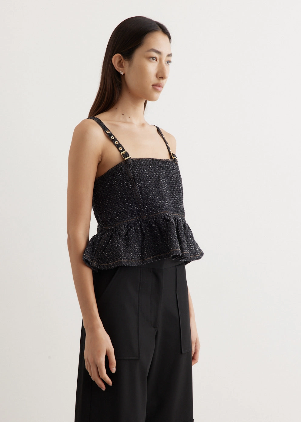 Softened Seams Easy Wearing Fluffy Denim Strap Top