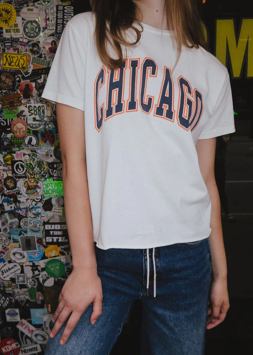 Chicago Varsity Heavyweight Crop Tee - Navy & Orange Eco Conscious Packaging Non Slip Shoulder Seams