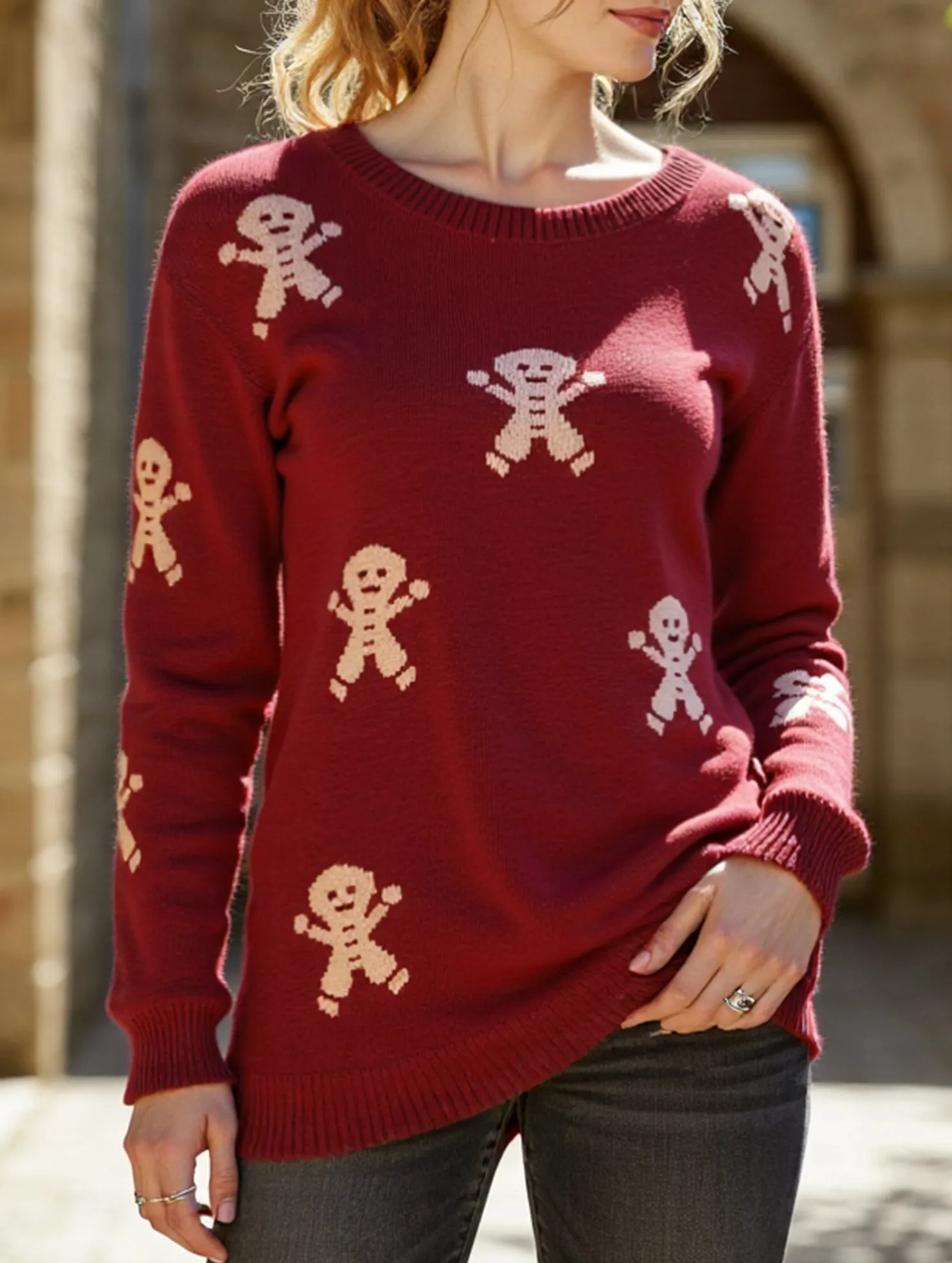 Relaxed Vibes Slim fit sleekness Christmas cartoon embroidered crew neck sweater