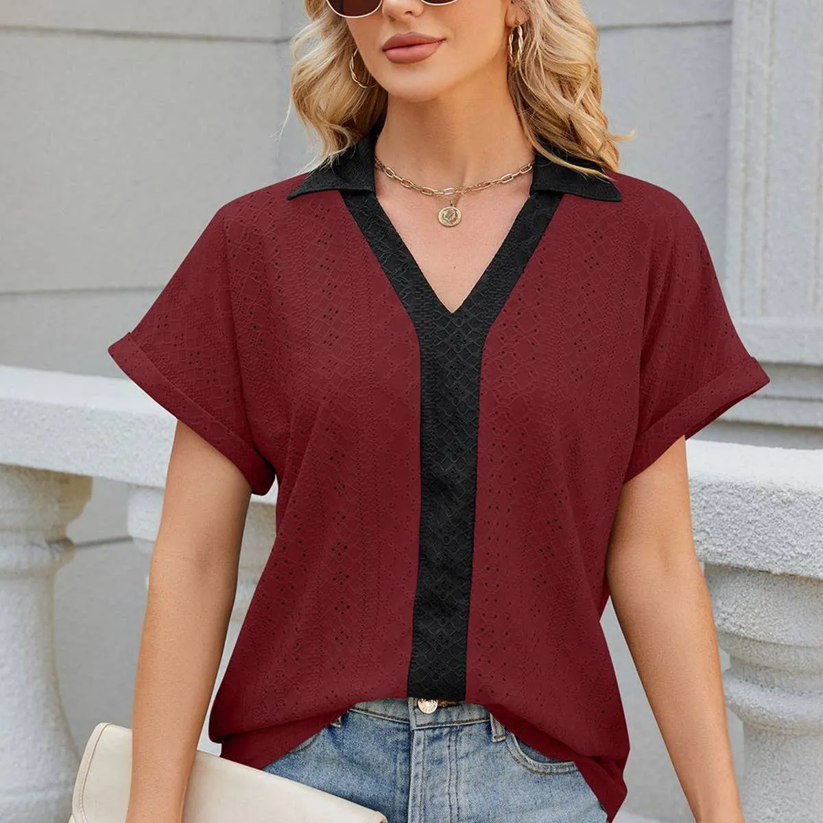 Lightweight Construction Vintage Style COLLARED SHORT SLEEVE CASUAL T-SHIRT BLOUSE_CWTBLS0515
