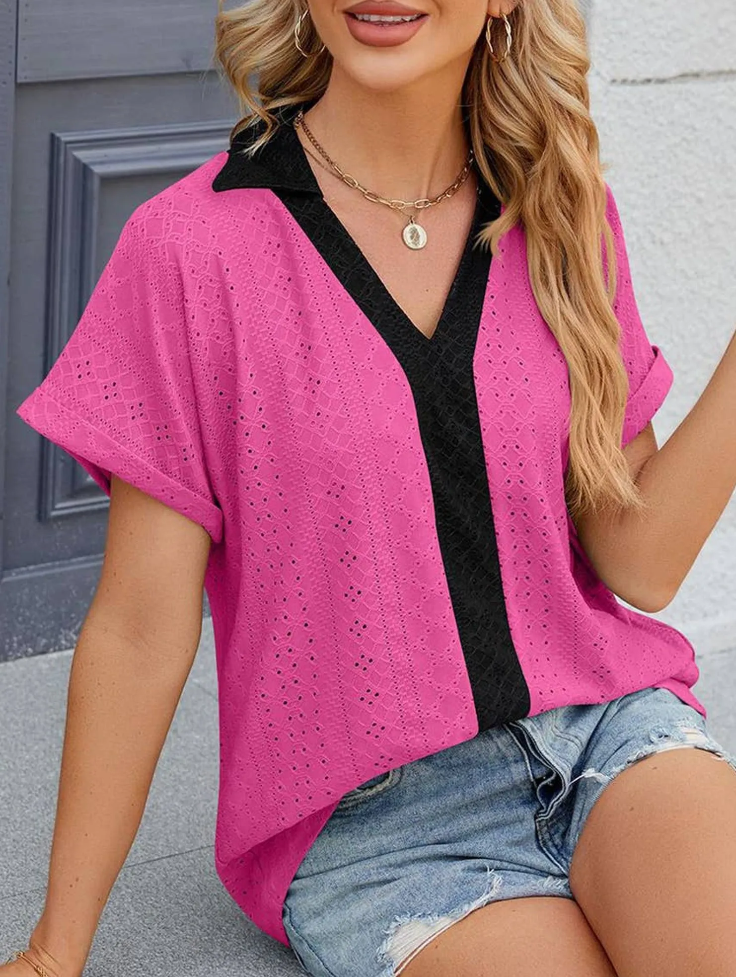 Cool Design COLLARED SHORT SLEEVE CASUAL T-SHIRT BLOUSE_CWTBLS0515