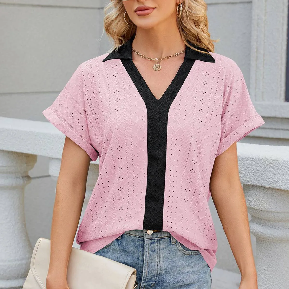 Microfiber Material ButtonFront COLLARED SHORT SLEEVE CASUAL T-SHIRT BLOUSE_CWTBLS0515