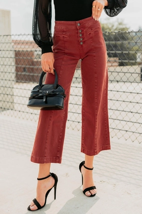 Frances Wide Leg Cropped Mica Denim Jeans (Dark Red) Calm Aesthetic