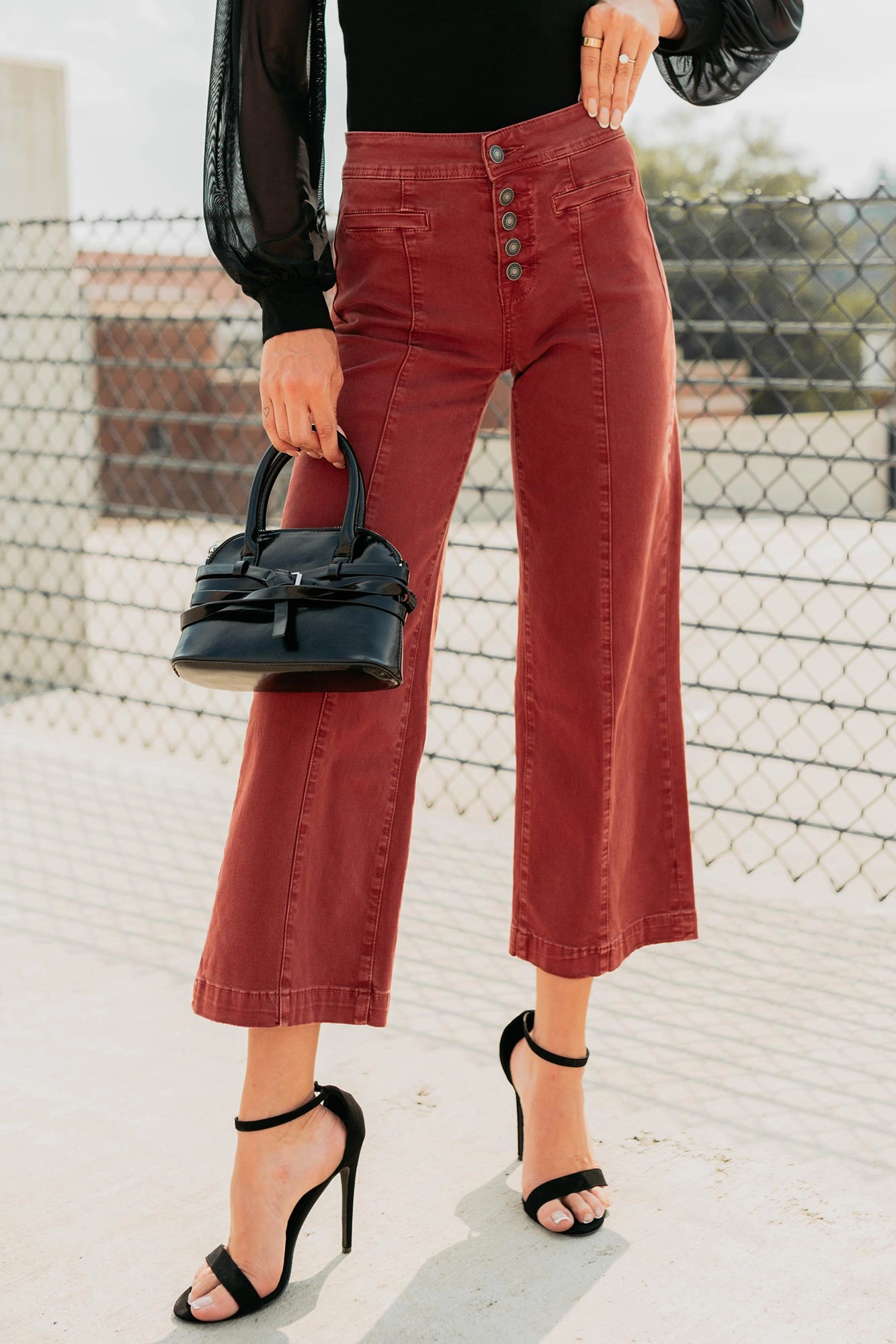 Frances Wide Leg Cropped Mica Denim Jeans (Dark Red) Eco Friendly Fashion Lover Morning Stroll