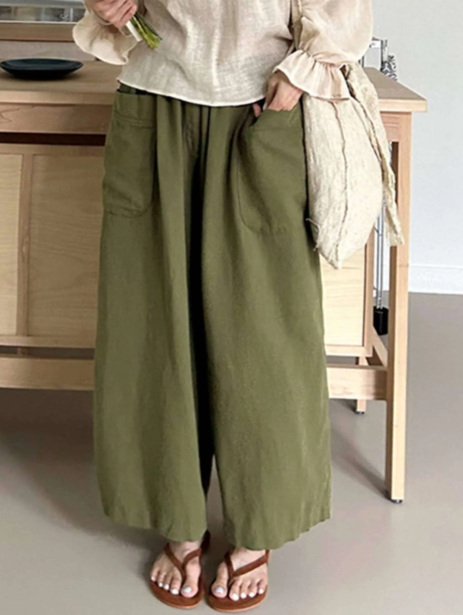 CASUAL LOOSE RAMIE WIDE-LEG PANTS_CWBLP0737 Tear Resistant Fabric