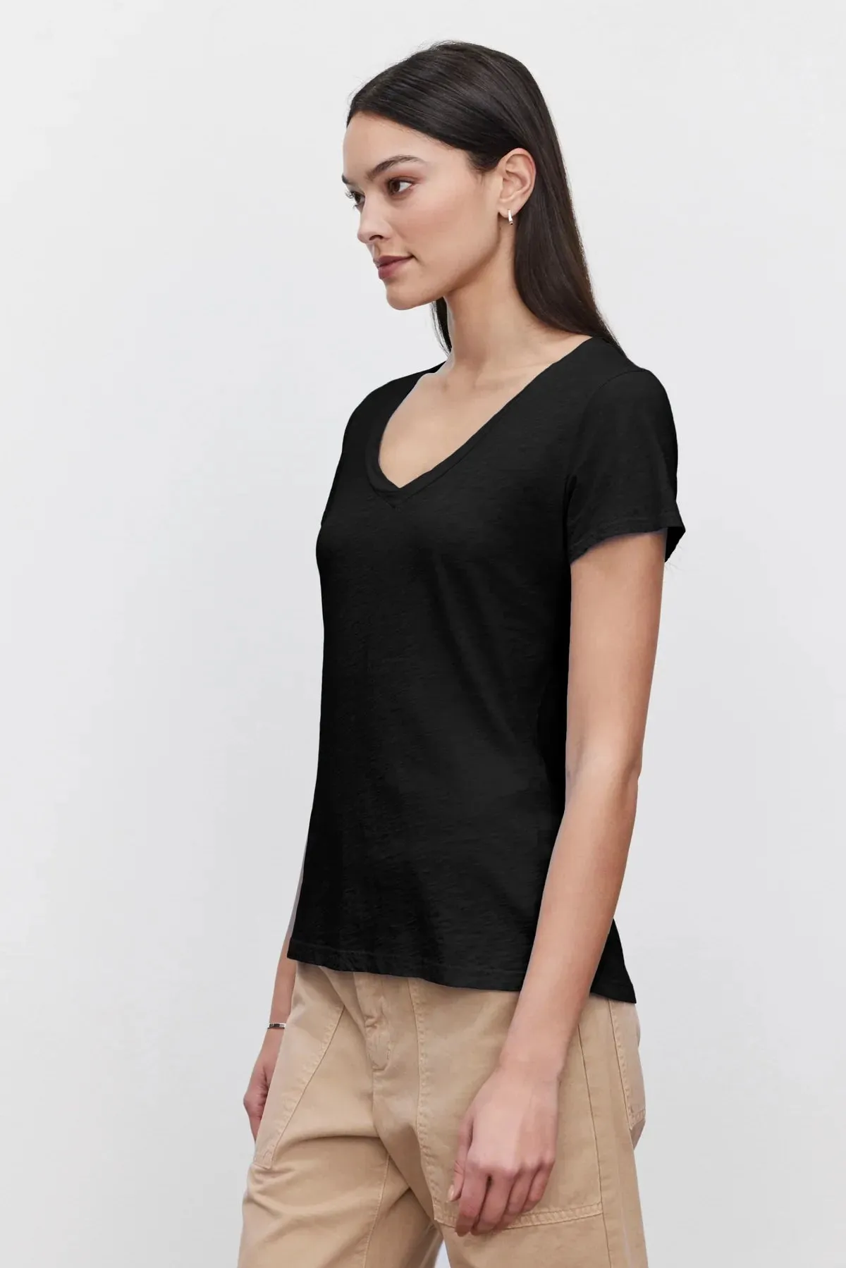 Outdoor Style Ribbed Neckline Lilith Cotton Slub V-Neck Tee