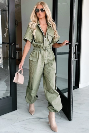 Loose Travel Picnic Family Problem Free Utility Jumpsuit (Olive)