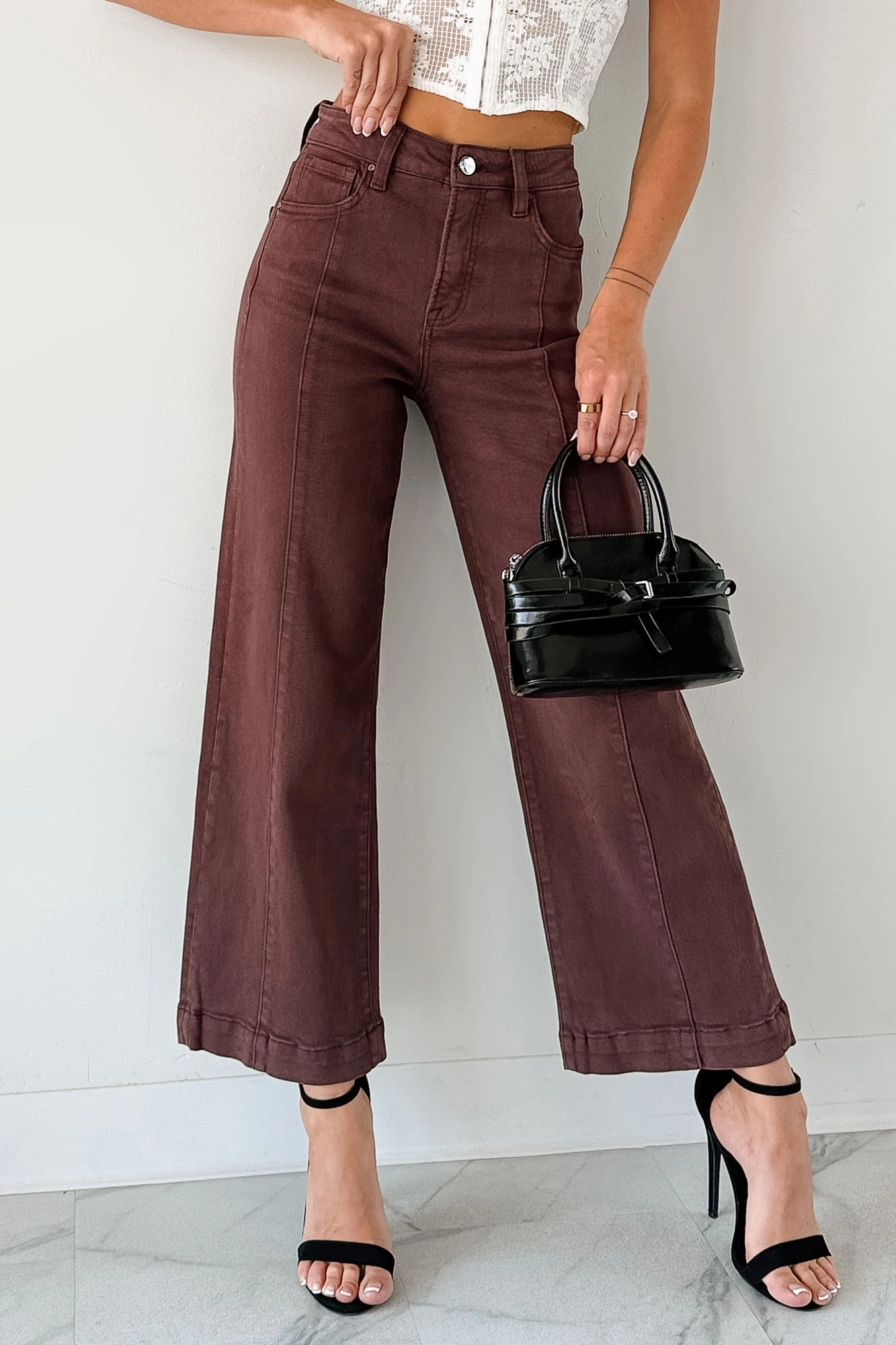 Beach Day Minimalist Style Youth Style Eco Friendly Dye Process Maizie Tummy Control Wide Leg Cropped Risen Jeans (Choco Brown)