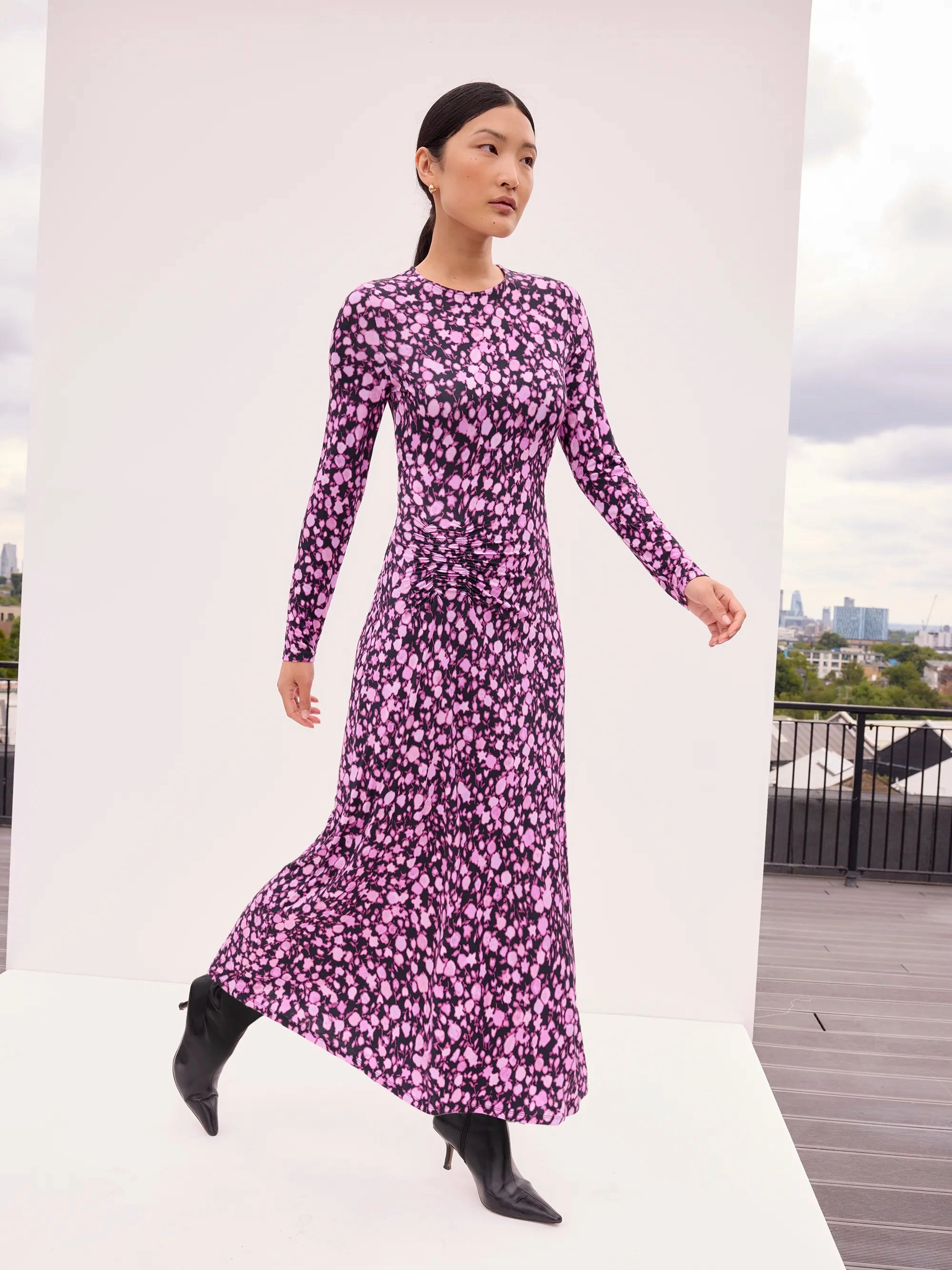 Chic Rhythm Fresh Flow Pink Ruched Batik-Print Midaxi Dress