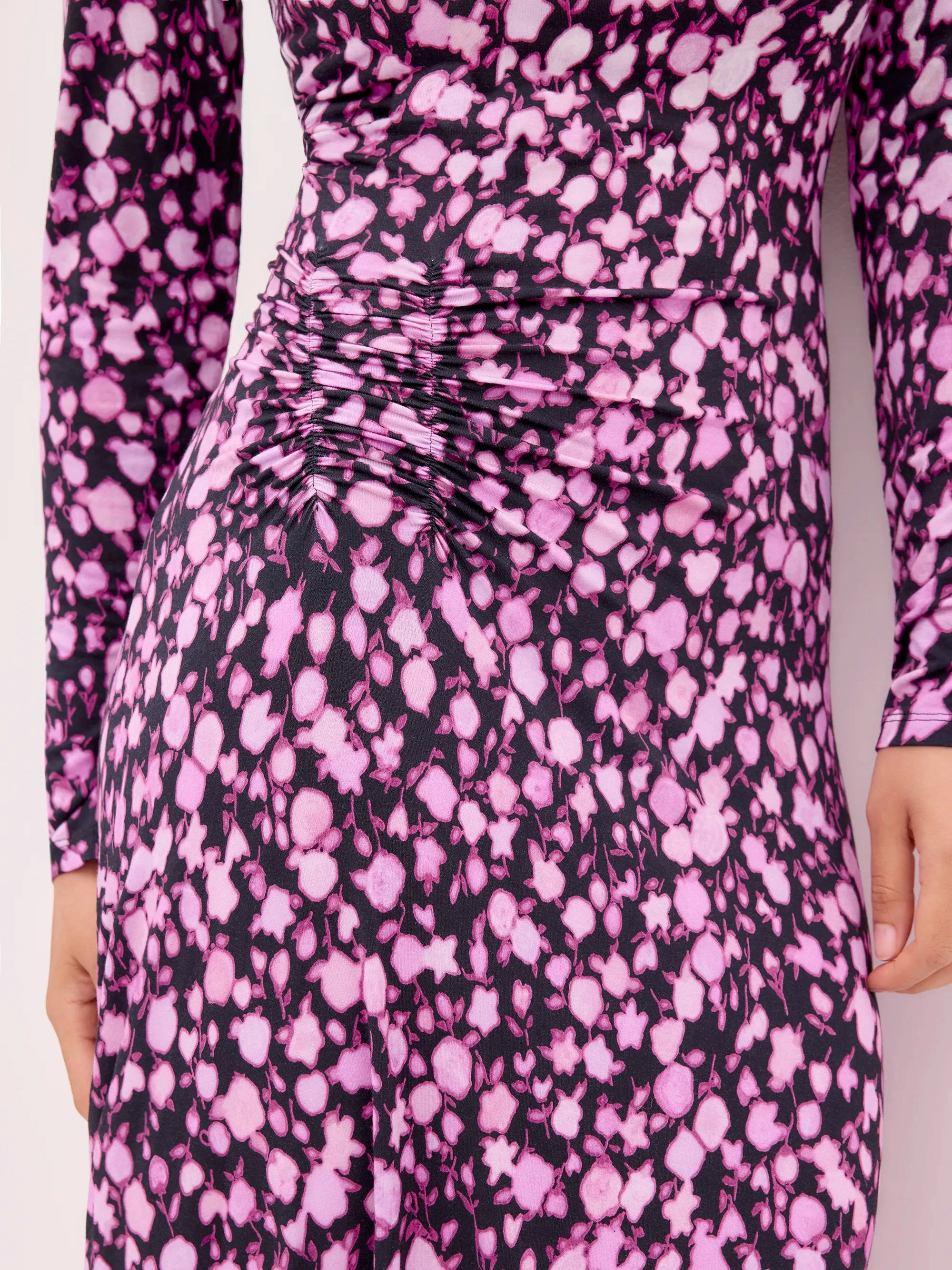 Pink Ruched Batik-Print Midaxi Dress understated look Layer Ready