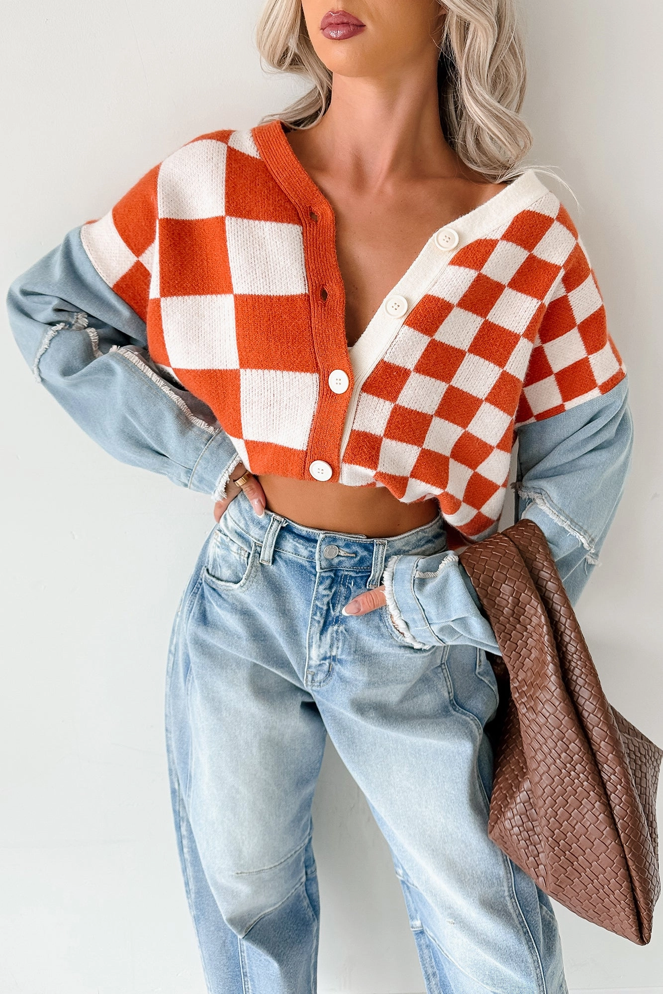 Wild Out Checkered Knit Denim Sleeve Cardigan (Orange) Quick drying material Foldable Design