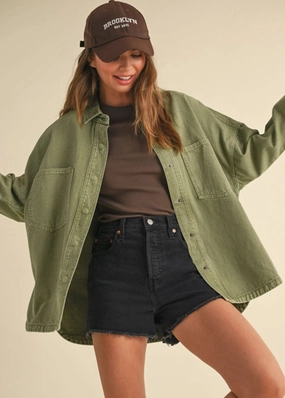 Sleek Style Shirley Washed Denim Snap Shacket - Olive