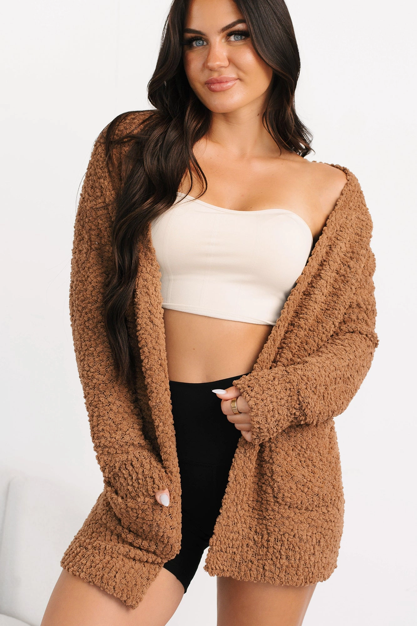 Modular Attachment System Cloud Cocoon Zenana Popcorn Knit Cardigan (Deep Camel)