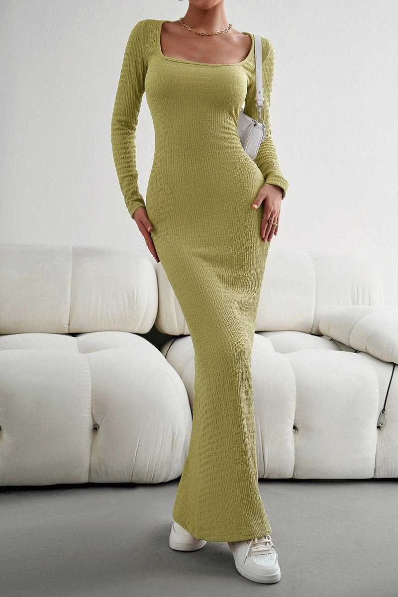 WOMEN SQUARE NECK SEXY TIGHT FIT MAXI LONG DRESS Fitted Look Flexible Cut