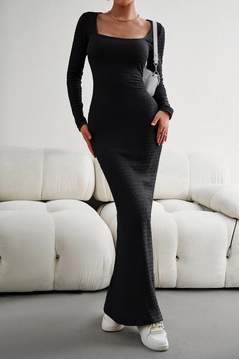 WOMEN SQUARE NECK SEXY TIGHT FIT MAXI LONG DRESS Clean Texture Glam Feel
