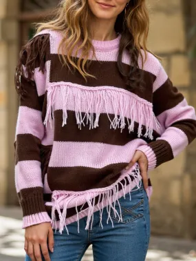 FadeResistant Treatment NoiseReduciting Zipper Color-blocked hand-knit tassel sweater