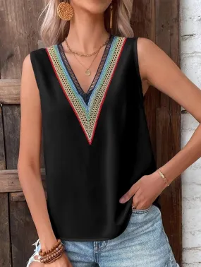 MULTICOLOR LACE V NECK SLEEVELESS BLOUSE Bonded Seam Technology