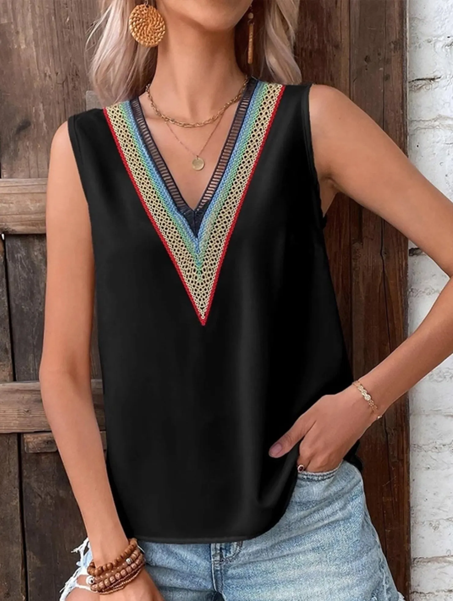 Luxurious Practical Wear MULTICOLOR LACE V NECK SLEEVELESS BLOUSE