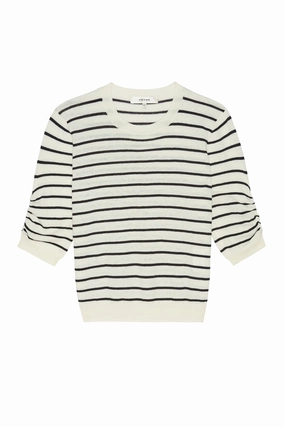 Hot Weather Simple Cut Gathered Striped Knit Sweater