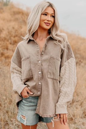 Chic Evolve Softly Styled Knit Sleeve Denim POL Jacket (Chocolate/Almond)