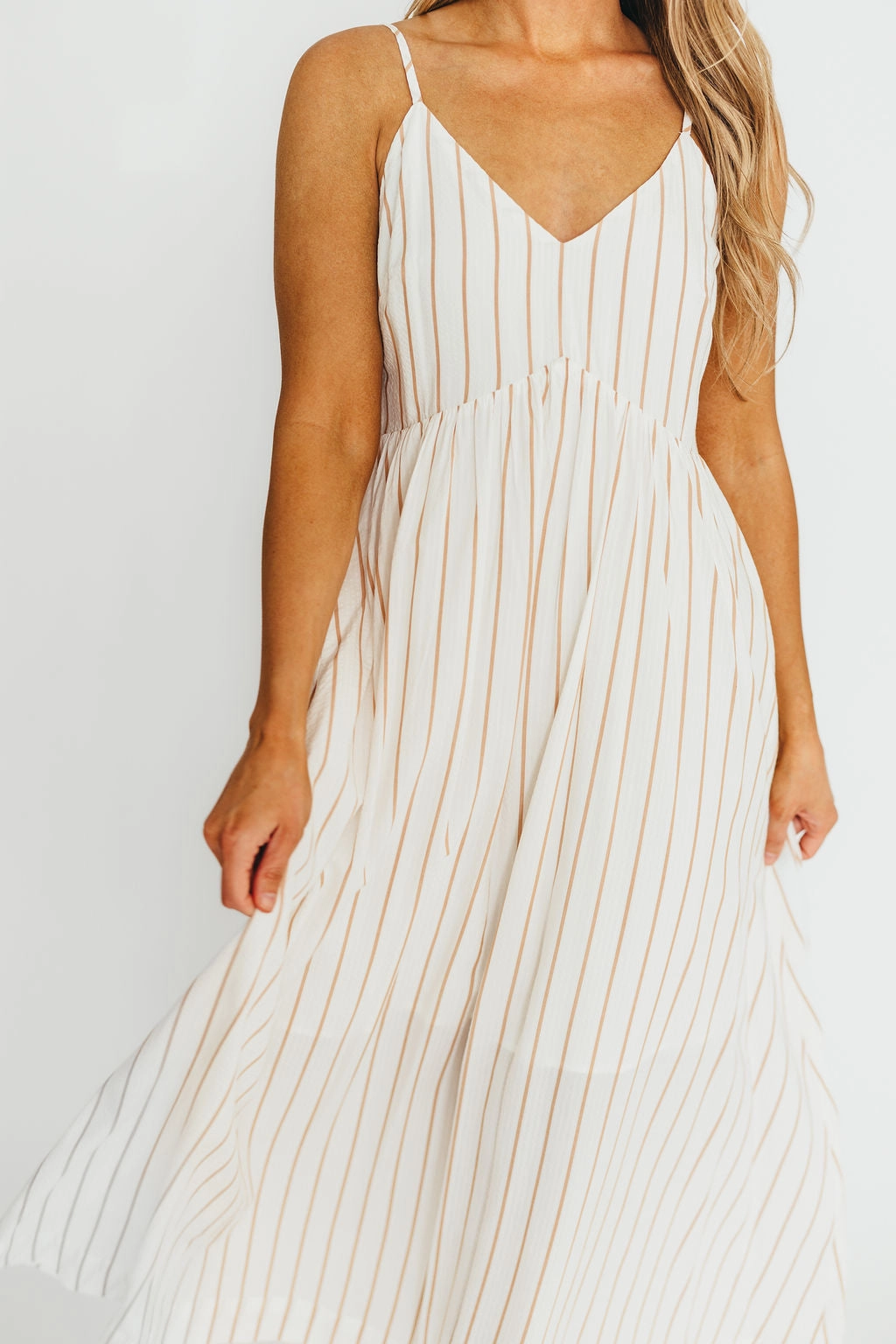 WideCollarDesign Genesis Stripe Midi Dress in White/Taupe *Final-Sale*
