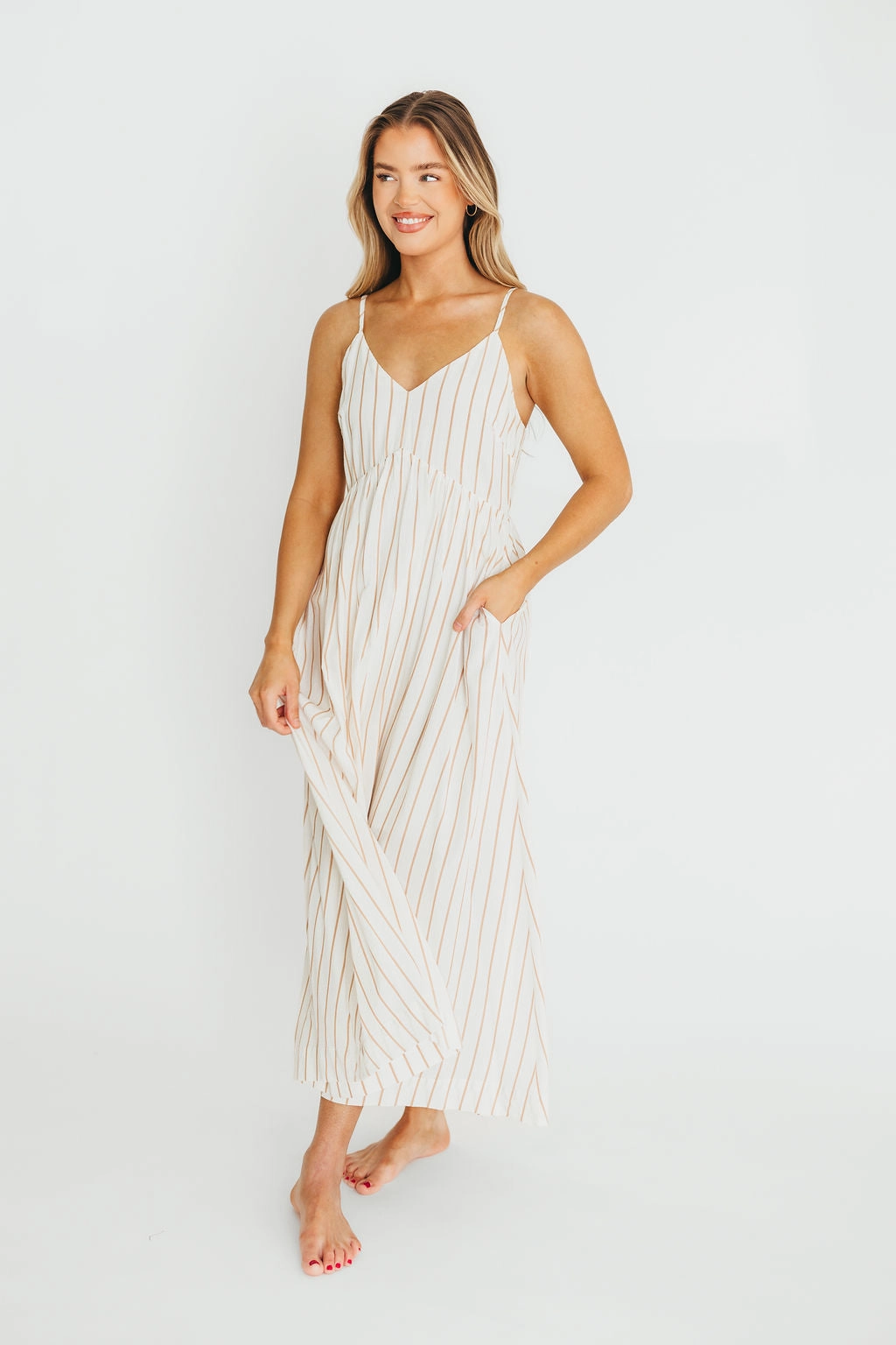 Fringe-Detail Genesis Stripe Midi Dress in White/Taupe *Final-Sale*