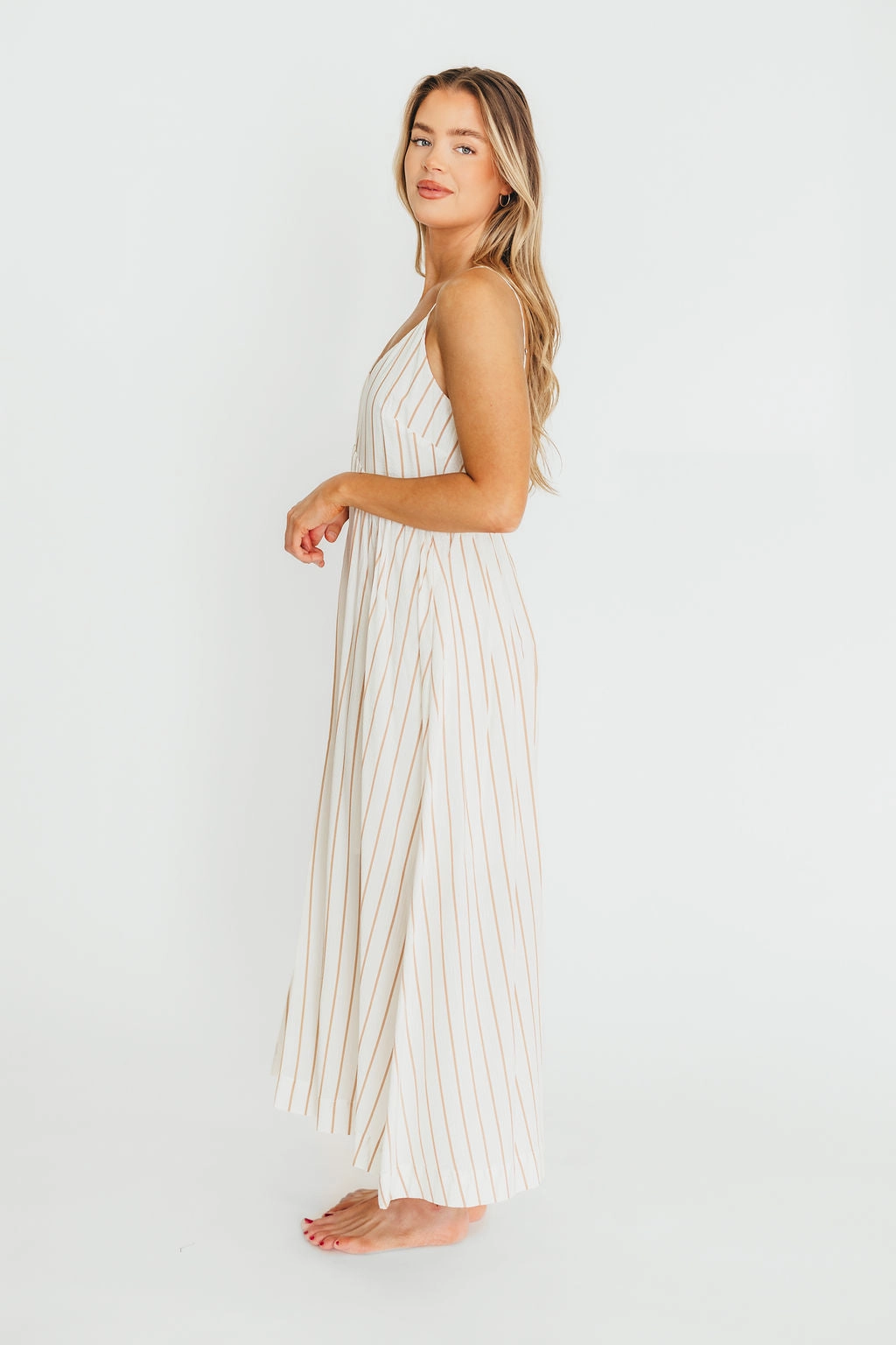 Genesis Stripe Midi Dress in White/Taupe *Final-Sale* Bride Friend Ruffle Detail