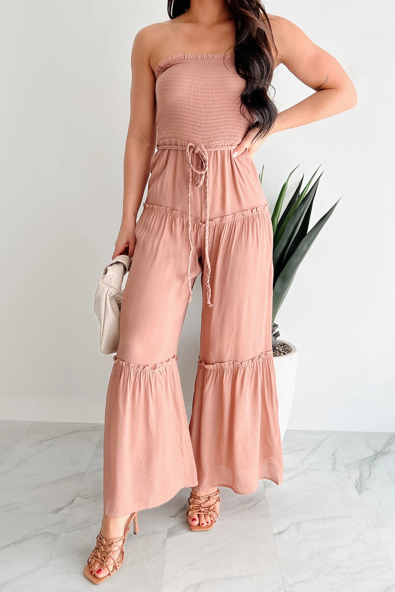 Glam Goddess Strapless Smocked Jumpsuit (Clay) Casual Elegant