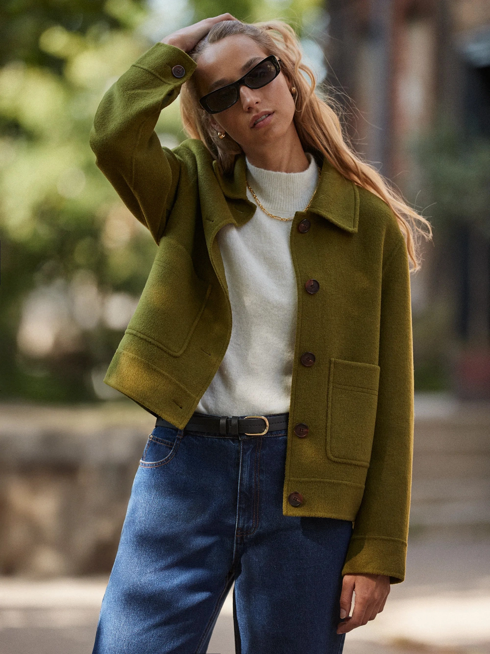 Khaki Double-Faced Knit Boxy Jacket with Wool Odor Resistant Lining