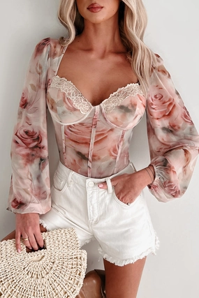 Golden Hour Glow Mesh Sweetheart Floral Bodysuit (Cream) Shape Wear