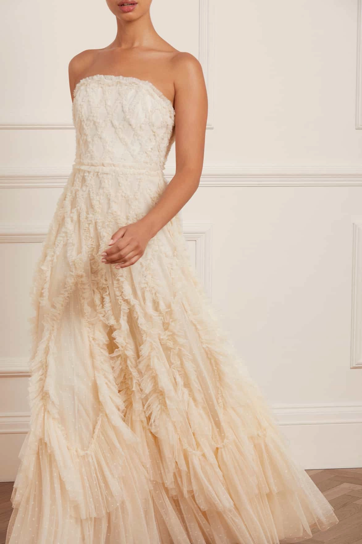Rosella Ruffle Strapless Gown Art-Gallery Garden-Party
