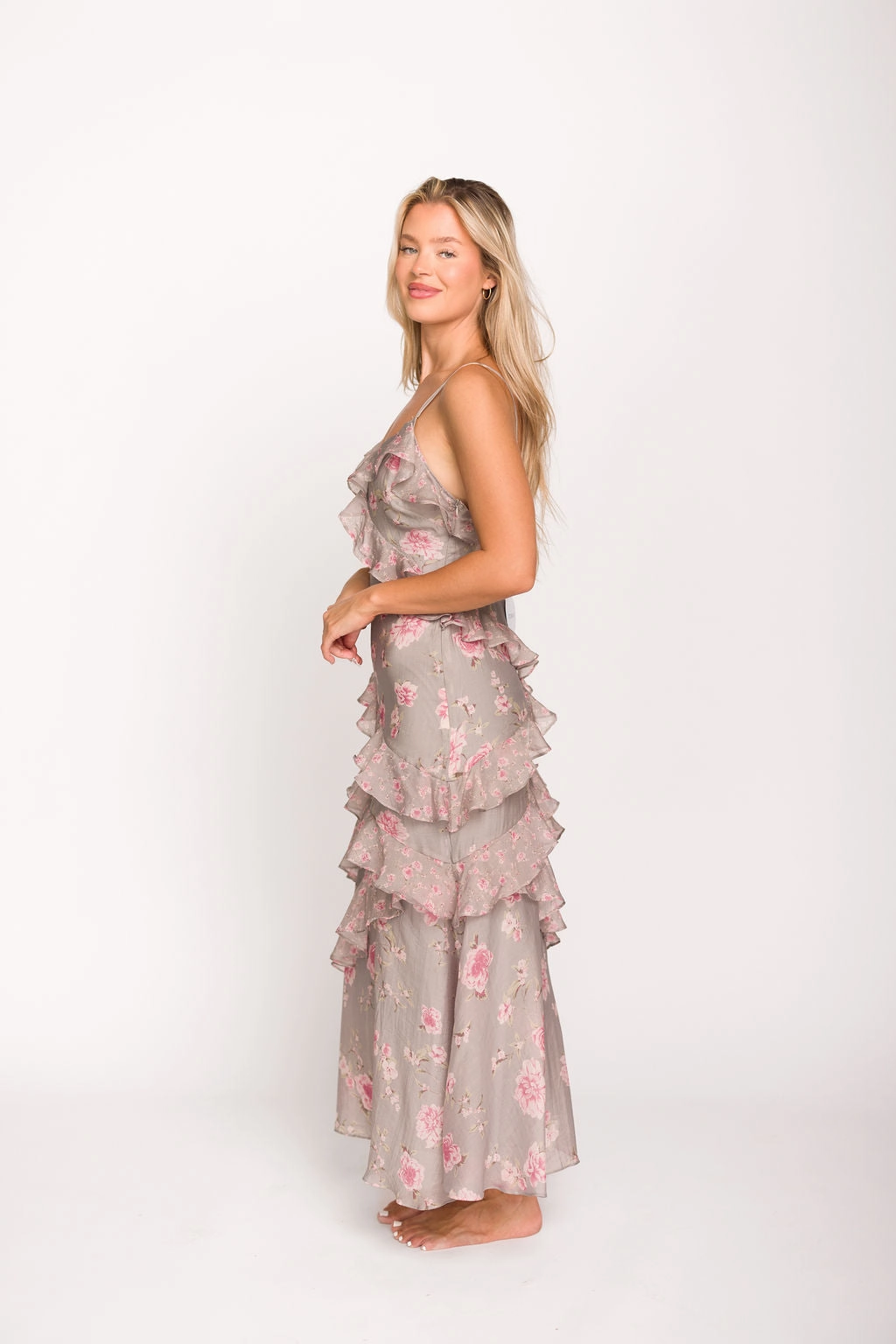 Flattering Layers Amelia Ruffle Maxi Dress in Grey/Pink Floral *Final-Sale*