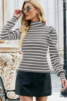 WOMEN HIGH NECK STRIPE PATTERN LONG SLEEVE TOP Stretch Woven Material Airflow Optimized Weave