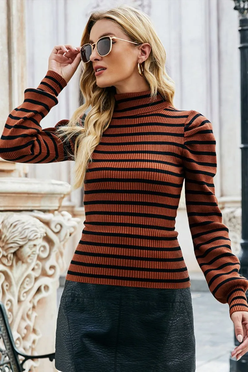 Fashion Ready Layering pieces WOMEN HIGH NECK STRIPE PATTERN LONG SLEEVE TOP