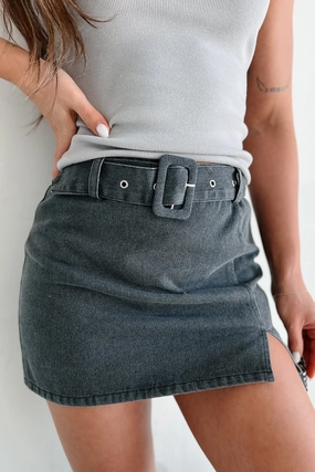 Style Neutral Growing Distant Belted Denim Mini Skirt (Washed Black)