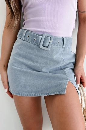 Youth Style Stylish Road Trip Growing Distant Belted Denim Mini Skirt (Washed Denim)