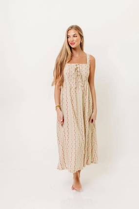 Haley Mae Cotton Floral Embroidered Striped Midi Dress in Sage Lightweight-Comfort Lightweight Comfort