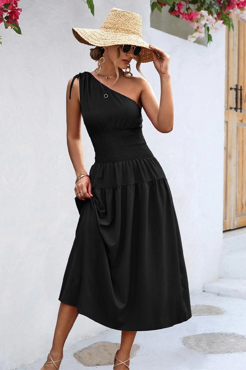 HALF OFF SHOULDER SLIM WAIST MIDI DRESS Fresh Fit Art Spirit