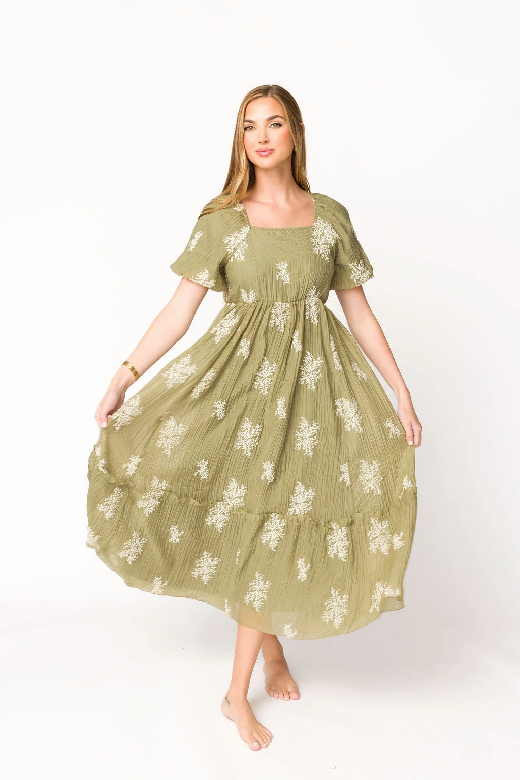 Solid-color New Mood Hallie Embroidered Maxi Dress in Olive - Bump Friendly & Inclusive Sizing (S-3XL) *Final-Sale*