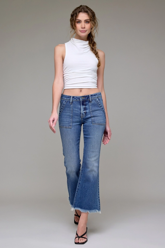 Youth Style Office Wear Distressed Detailing Happi Crop Flare Jean