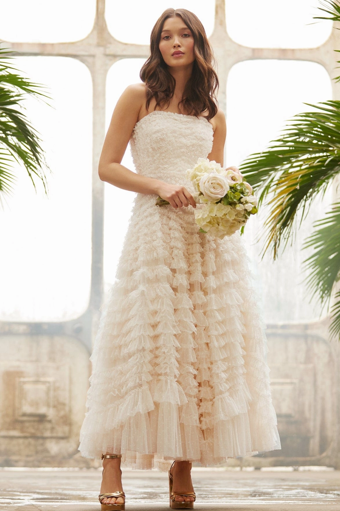 Hattie Ruffle Strapless Ankle Gown Flattering and Chic