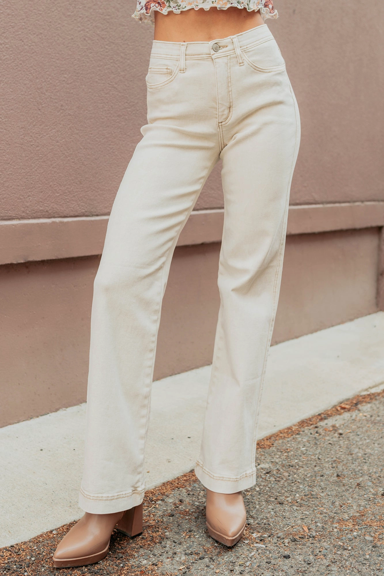 Street Casual Haven Tummy Control Saige Denim Straight Jeans (Light Beige)