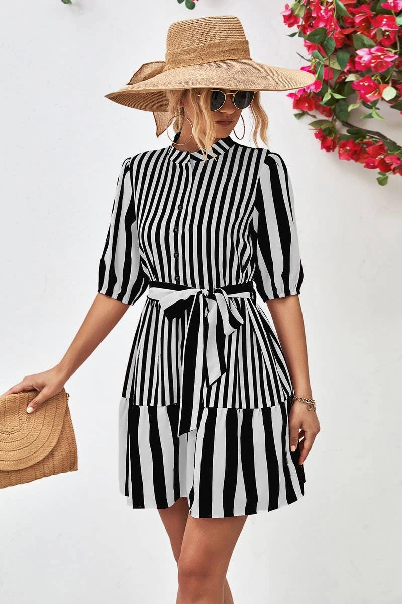 BUBBLE SLEEVE STAND COLLAR DRESS_CWDSD2640 Stylish Choice Structured Fit