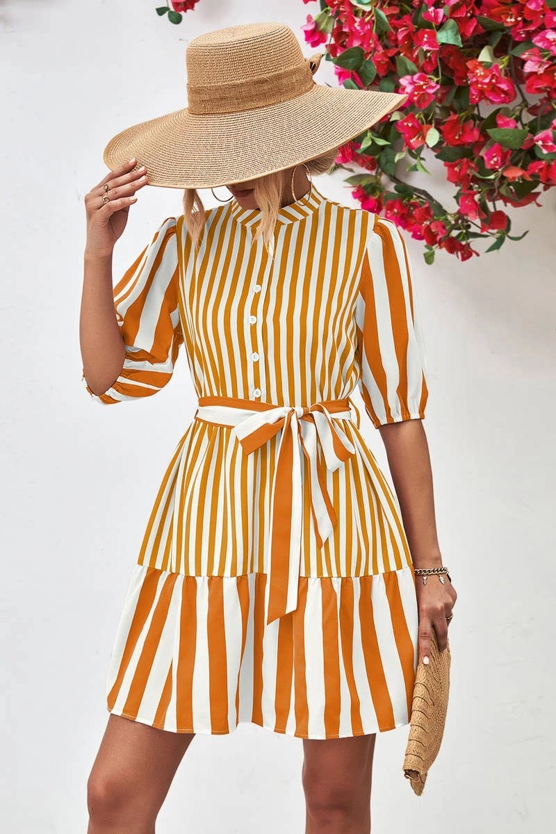 BUBBLE SLEEVE STAND COLLAR DRESS_CWDSD2640 Trendy Vibe